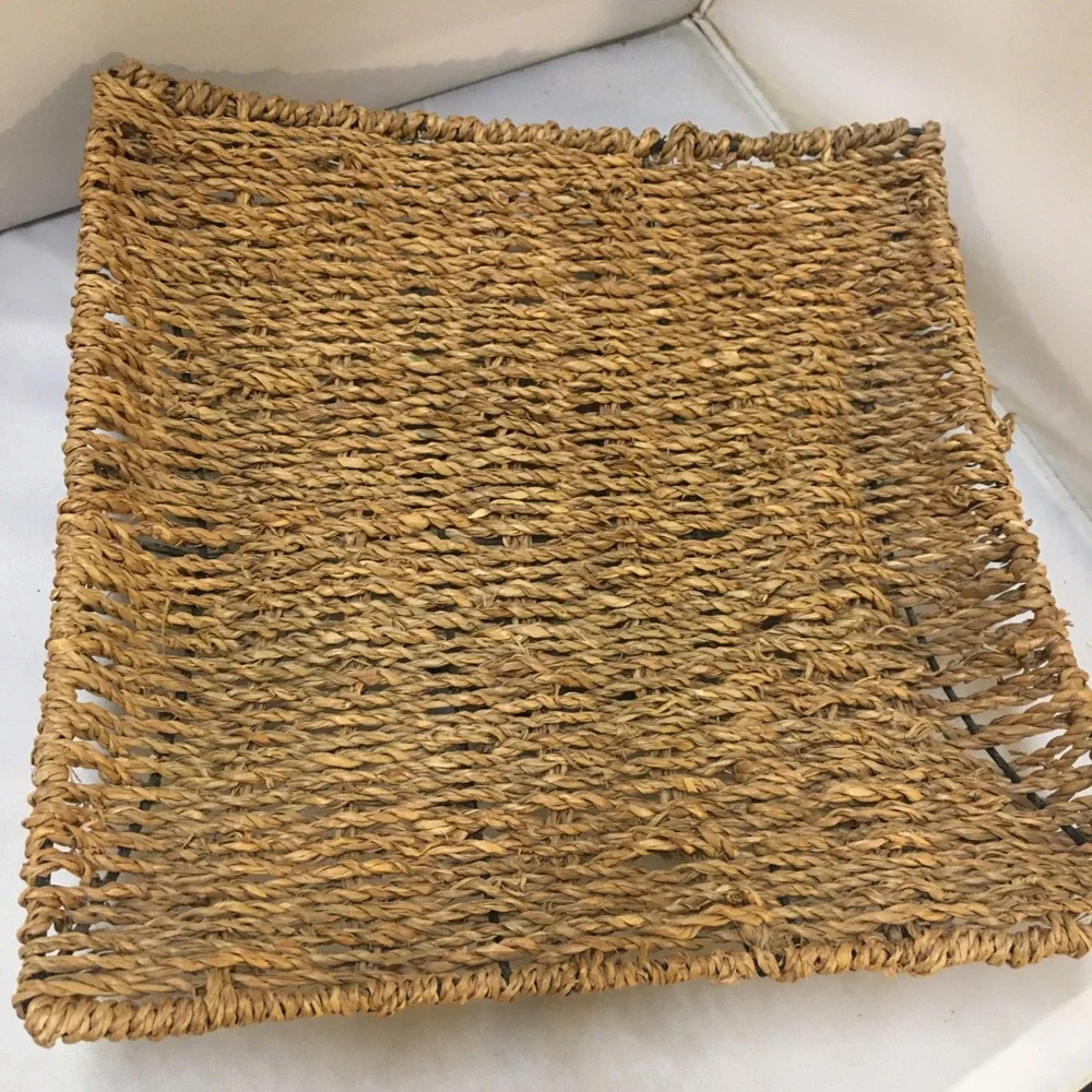 Woven Seagrass Tray Home Decor 10.5in Tan Square Metal Frame Boho Cottagecore